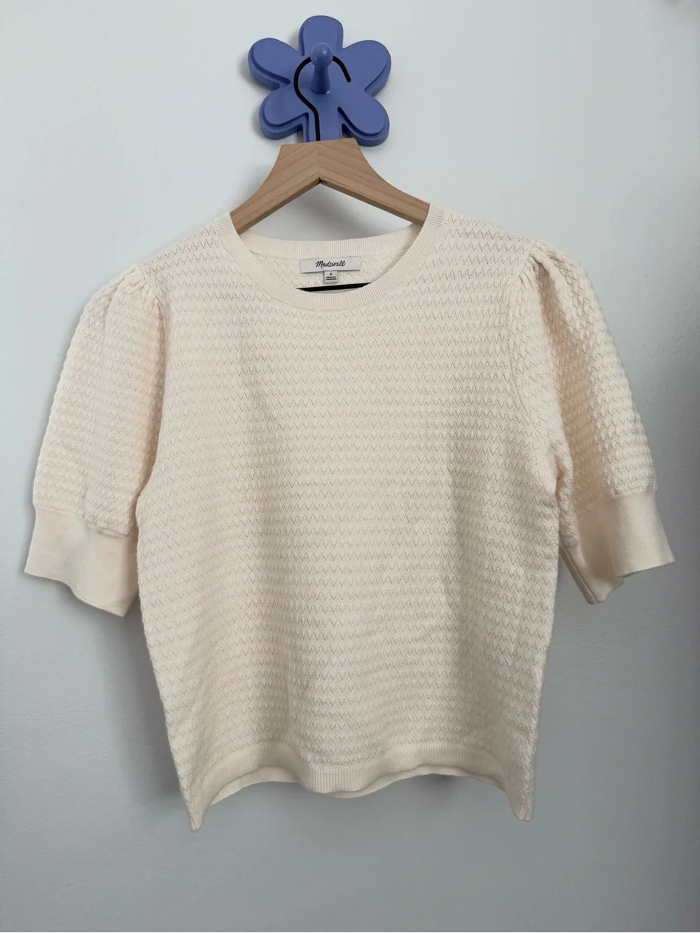 Madewell Small Puff Sleeve Merino Wool & Silk Sweater Ivory Office Work Fall